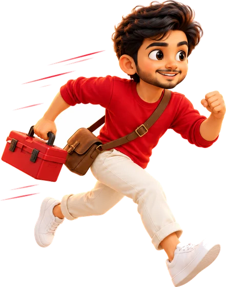 Our guy running with a toolbox