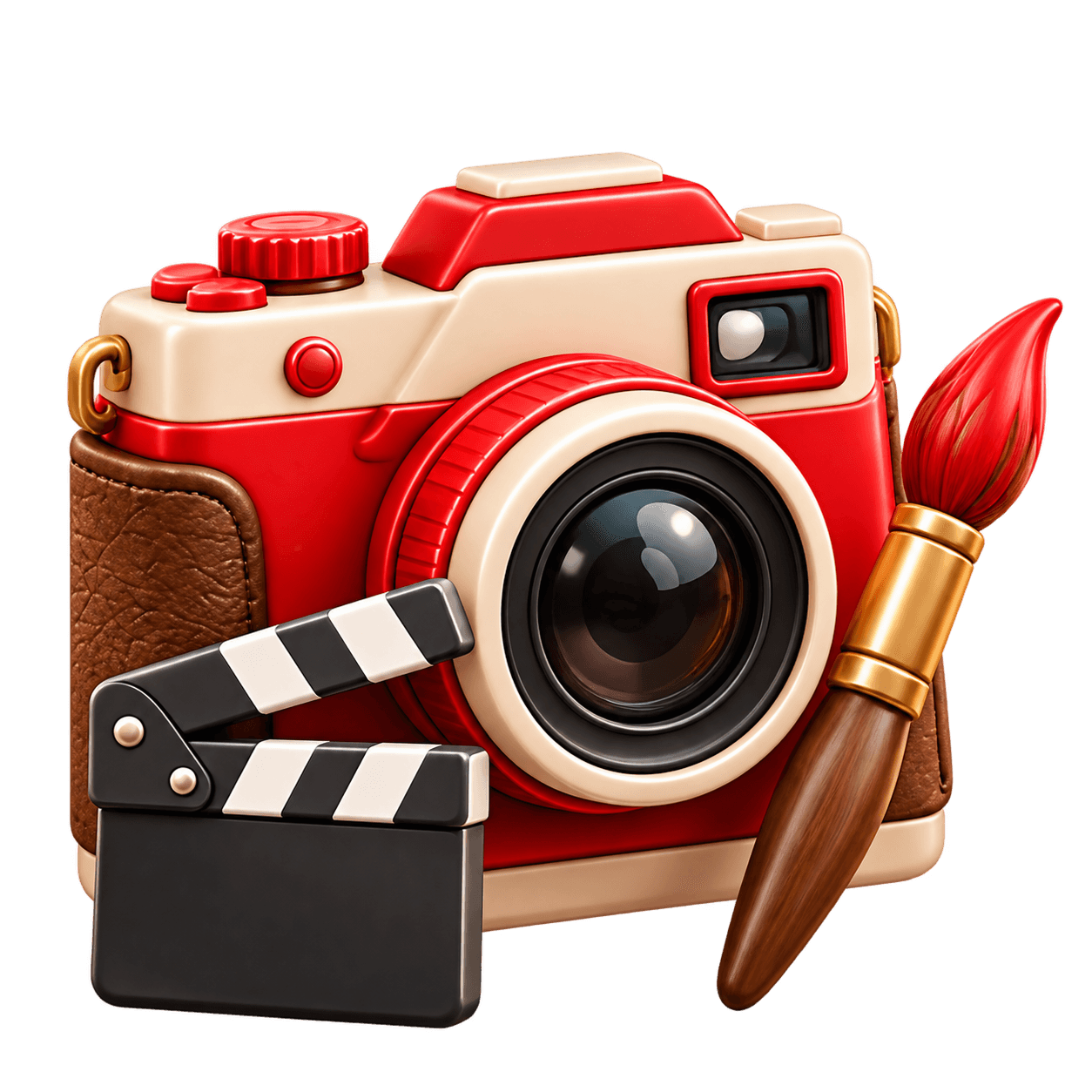 Camera with a clapperboard and a paintbrush, for content and creative