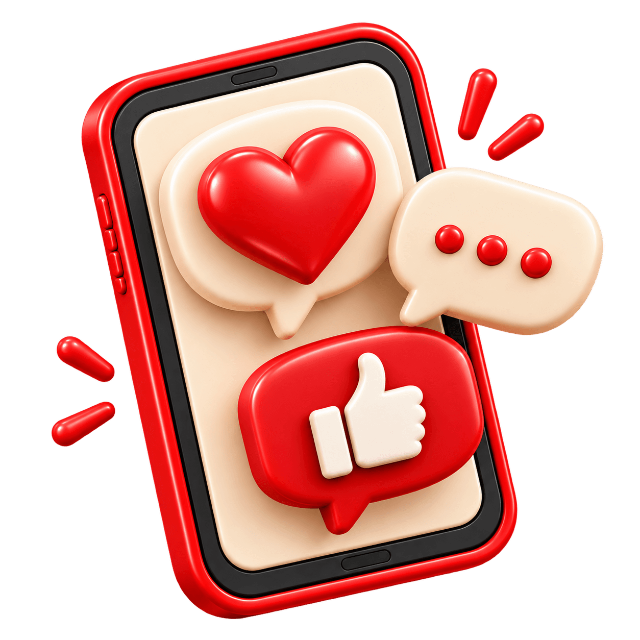 Phone with likes, hearts and comments, for social media management